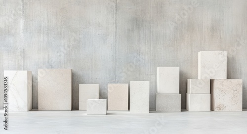 Modern display of geometric stone blocks in minimalist interior space showcas...