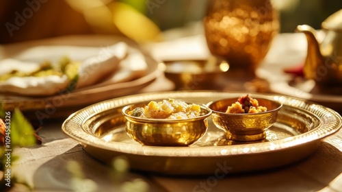 a close-up of traditional dhindo and achar (pickle) served on a brass plate, symbolizing the festive spirit of Udhauli Parva,  photo