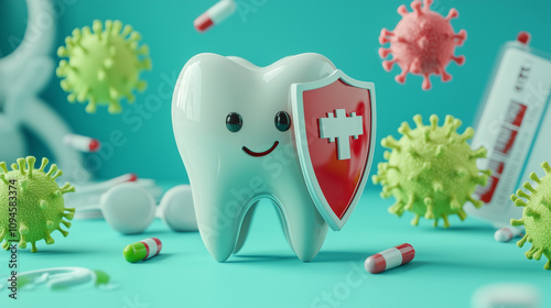 Adorable 3D tooth character with a shield, symbolizing dental protection and oral health. Bright and cheerful design, perfect for promoting dentistry or health awareness.