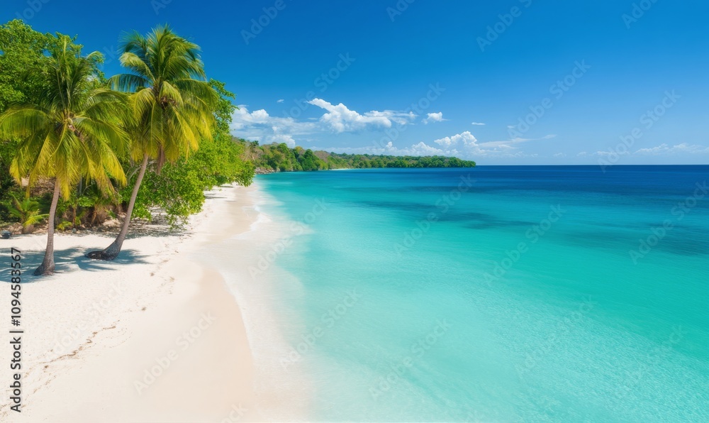 Fototapeta premium Beautiful tropical beach with clear water and palm trees along the shore in the daytime