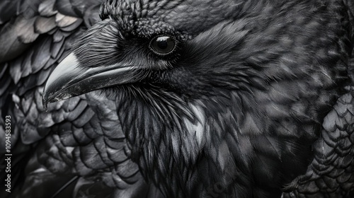 Close-up of a raven highlighting its detailed texture and glossy black feathers, capturing the bird's expressive eye and intricate features. photo