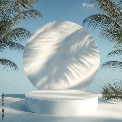 Modern display platform surrounded by tropical leaves and soft shadows in a l...