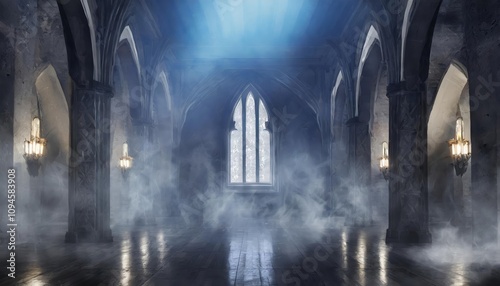 Majestic Abstract Renaissance Hall with Dark Gothic Atmosphere, Illuminated by Eerie Light and Smoke Effects in a Vast, Empty Room of Timeless Elegance and Mystery wiÄ™cej treÅ›ci