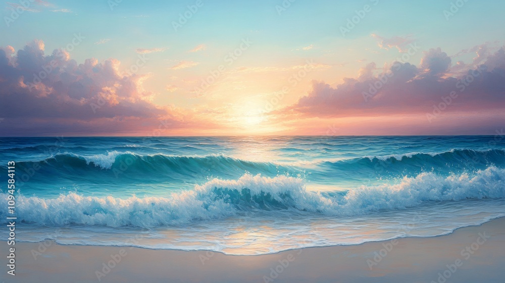 A Serene Sunset Over a Calm Ocean with Gentle Waves Rolling onto a Sandy Shore A Serene Sunset Over a Calm Ocean with Gentle Waves Rolling onto a Sandy Shore