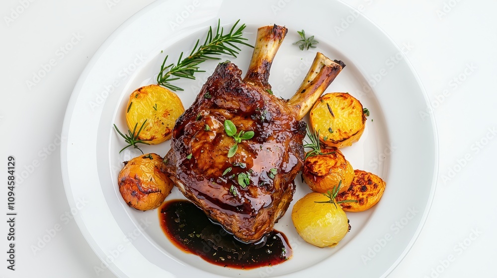 A beautifully plated dish featuring a succulent roasted lamb chop, accompanied by golden potatoes and garnished with fresh herbs. A beautifully plated dish featuring a succulent roasted lamb chop, accompanied by golden potatoes and garnished with fresh herbs.