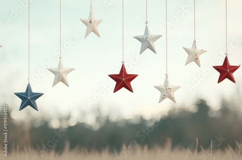 Decorative hanging stars in red, white, and blue against a soft background