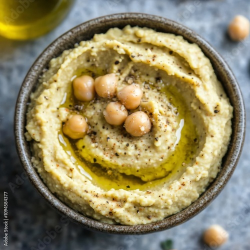 Creamy hummus with olive oil served with chickpeas on a gray surface