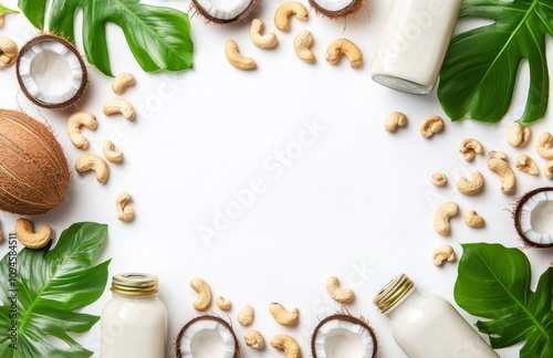 Creative arrangement of coconut products including milk and nuts with green l...
