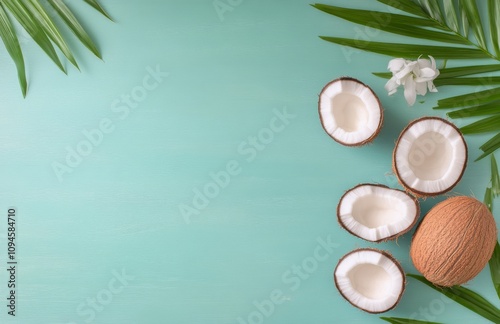 Coconuts and tropical leaves arranged on a light blue background for a fresh ...