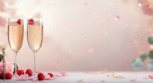 Festive sparkling drinks with raspberries and petals for a joyful celebration