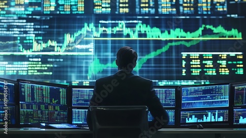 Analyst Monitoring Stock Market Data on Multiple Screens. AI Generated