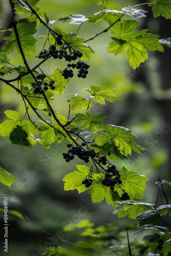 Black currant berries grow on a branch surrounded by lush green leaves in a f...