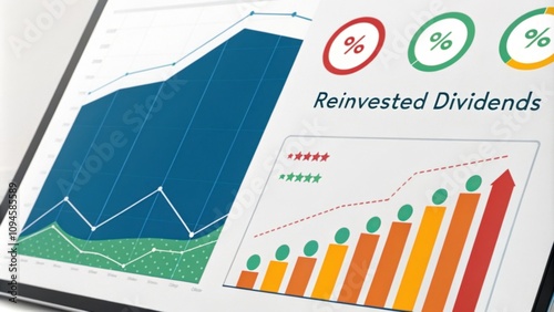 A digital dashboard displaying increasing percentages with indicators for reinvested dividends. photo