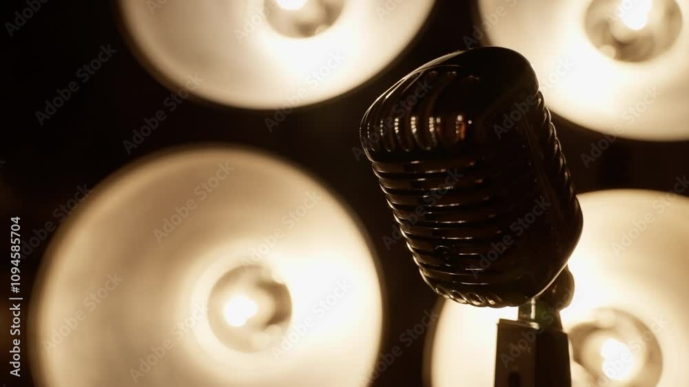 Vintage microphone stands under a warm spotlight on stage, evoking nostalgia and excitement. The scene embodies the spirit of live music and performance