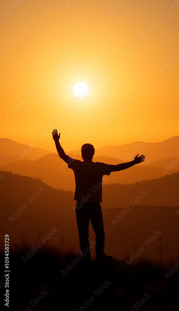 Silhouette of a man with outstretched arms against sunset backdrop in mountainous landscape for joyful appreciation concept Silhouette of a man with outstretched arms against sunset backdrop in mountainous landscape for joyful appreciation concept