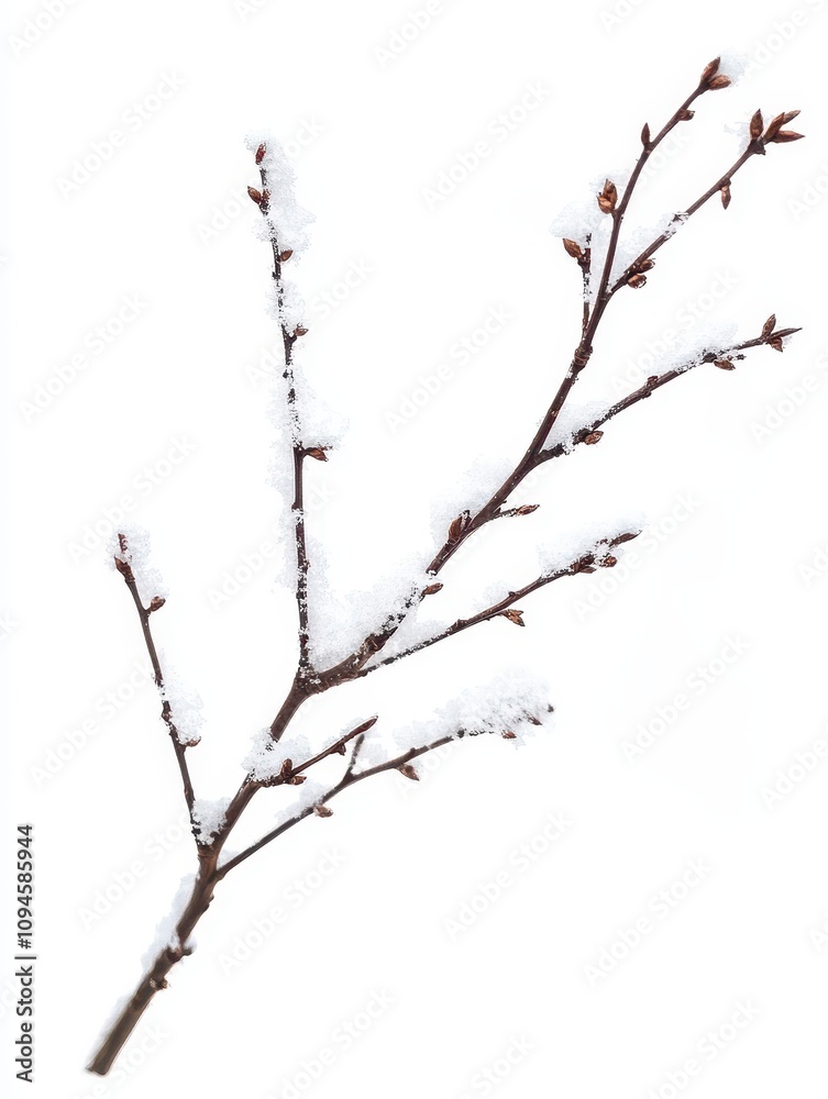Delicate snowcovered twig, natural winter element, white background Delicate snowcovered twig, natural winter element, white background