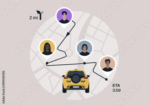 A vibrant city map displays a carpool taxi navigating to pick up passengers, illustrating the efficient ride-sharing network and estimated arrival time for an interactive travel experience