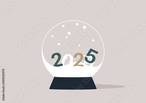 Within a glistening crystal ball, snowflakes dance softly around as the number 2024 transitions gracefully into 2025, capturing a magical moment that beautifully blends the passage of time