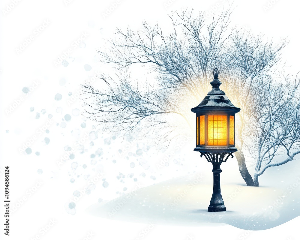 Oldfashioned lantern glowing softly, warm winter scene, on a white background Oldfashioned lantern glowing softly, warm winter scene, on a white background