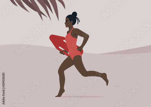 A dedicated lifeguard rushes across the warm sand, clutching a bright rescue float, ready to assist beachgoers enjoying their day by the water under a clear sky