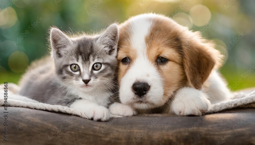 Heartwarming Scene of an Adorable Puppy and Kitten Cuddling Together in a Loving Embrace, Showcasing the Unbreakable Bond Between Two Cute Animals in a Moment of Pure Comfort and