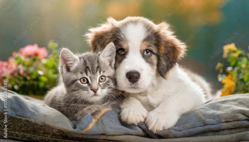 Adorable puppy and kitten snuggling together in a warm, loving embrace, showcasing a heartwarming moment of affection and companionship between two furry best friends. więcej treści Adorable puppy and kitten snuggling together in a warm, loving embrace, showcasing a heartwarming moment of affection and companionship between two furry best friends. więcej treści