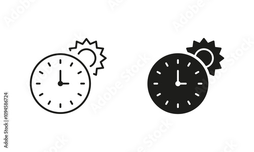 Clock and Sun Line and Silhouette Icon Set. Summer Time Icon. Sunrise and Sunset Hours Sign. Editable Stroke. Isolated Vector Illustration