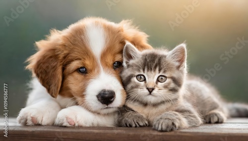 Adorable puppy and kitten lying peacefully together in a heartwarming embrace, showcasing their tender bond and unconditional love, perfect for animal lovers and pet-themed visual projects.