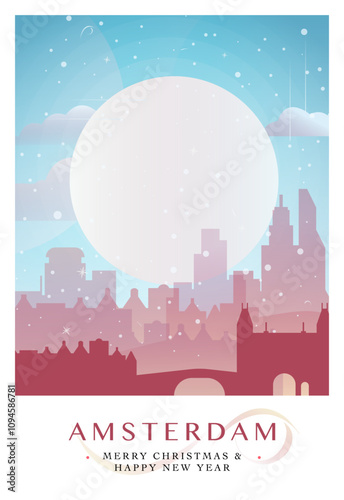 Christmas Amsterdam retro poster for winter festives, New Year. Geetings, happy holidays and merry xmas from Netherlands, Holland vector postcard layout