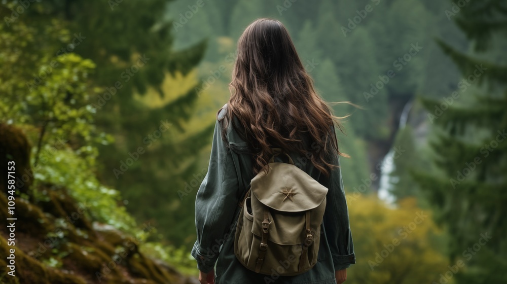 a woman with a backpack walking through a dense forest, empty space on the right side, Soft Natural Light,generative ai illustration a woman with a backpack walking through a dense forest, empty space on the right side, Soft Natural Light,generative ai illustration