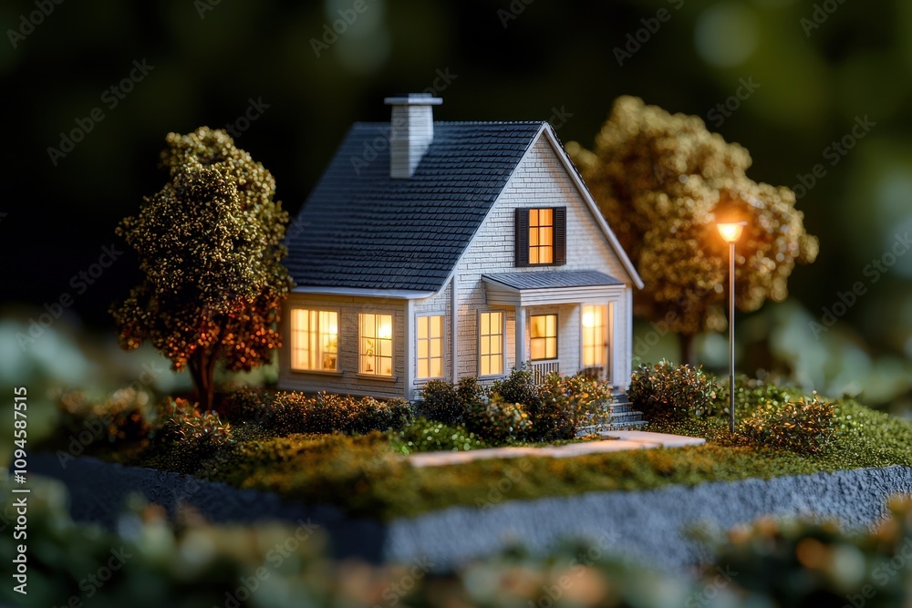 Illuminated Suburban House Model  Night Scene  Real Estate  Home Sweet Home