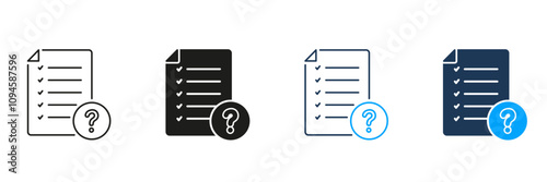 Paper Document With Question Mark Line and Silhouette Icon Set. FAQ Page Pictogram. Checklist On File Symbol. Ask And Answer Sign. Editable Stroke. Isolated Vector Illustration