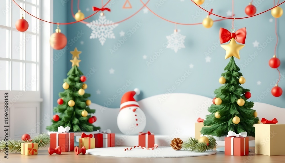 Festive Christmas scene with presents, ornaments, and a snowman. Festive Christmas scene with presents, ornaments, and a snowman.
