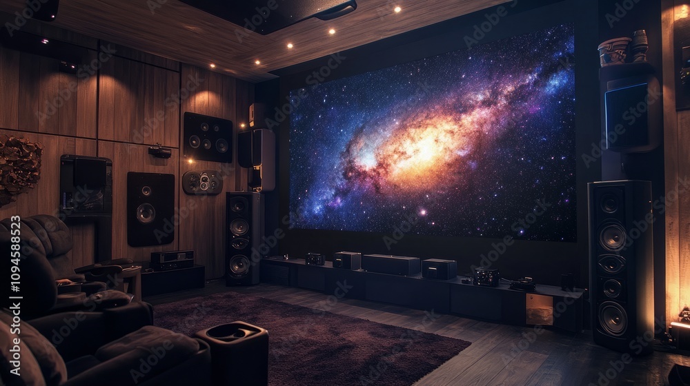 Contemporary home theater with a massive screen showing a galaxy-filled night sky, surround sound speakers, and dimmed lights. Contemporary home theater with a massive screen showing a galaxy-filled night sky, surround sound speakers, and dimmed lights.