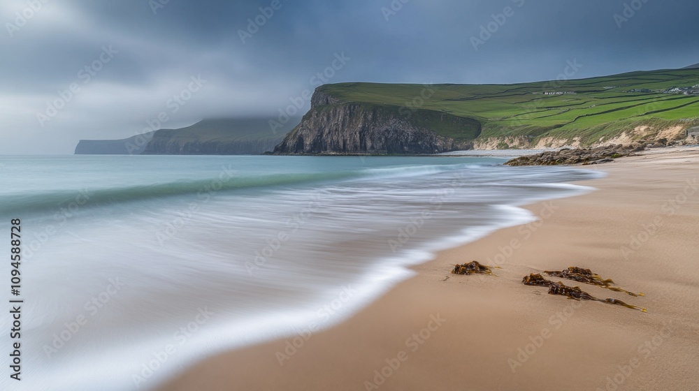 A Tranquil Beach Scene with Rolling Waves and a Distant Cliffside A Tranquil Beach Scene with Rolling Waves and a Distant Cliffside