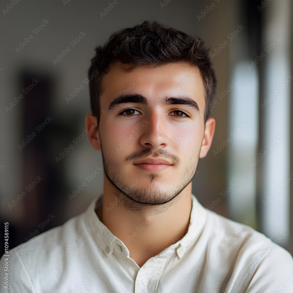Obraz premium A focused young man in a light shirt, exuding confidence and calmness, set against a soft, blurred background.