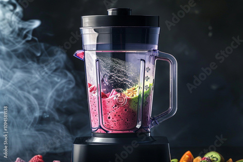 A sleek blender whirring with colorful smoothie ingredients, creating a swirl of vibrant hues. photo