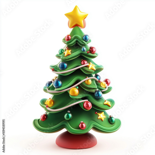 Christmas tree on a white background with colorful ornaments and a star on top, 3D style