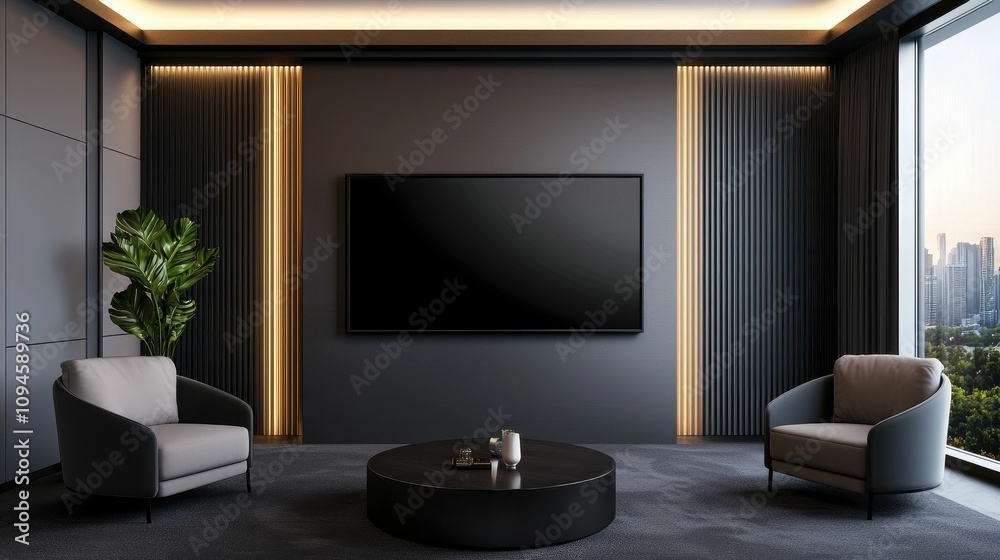 Modern luxury apartment living room with large TV screen, comfortable armchairs, and city view. Modern luxury apartment living room with large TV screen, comfortable armchairs, and city view.