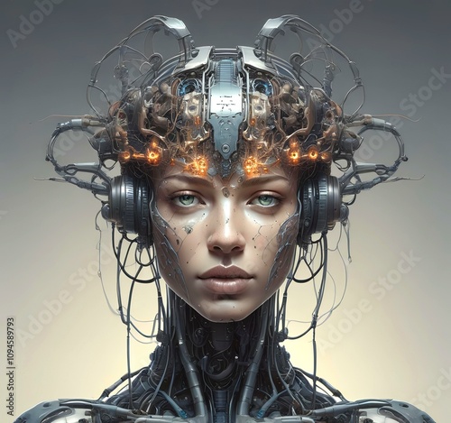 Technology illustration of cyborg with brain connections.