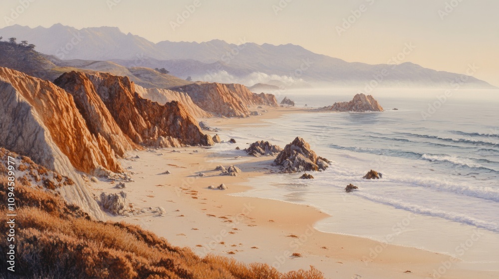 A Scenic Coastal View of a Beach with Rugged Cliffs and a Misty Mountain Range in the Background A Scenic Coastal View of a Beach with Rugged Cliffs and a Misty Mountain Range in the Background