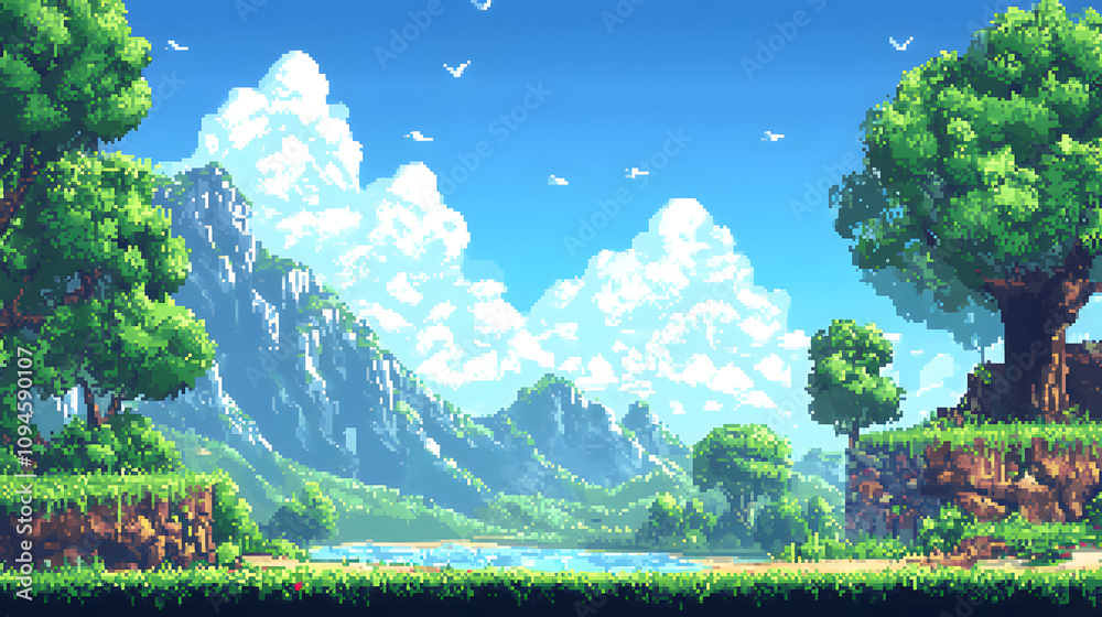 Fototapeta premium 8-Bit Pixelated Landscape: Green Hills and Blue Sky for Gaming Posters and Ads