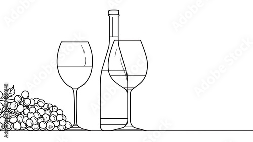 A minimalist illustration featuring wine glasses, a bottle, and grapes, symbolizing relaxation and indulgence.
