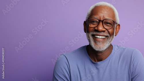 Smiling Senior Man with a Bright Expression on light purple Background. 