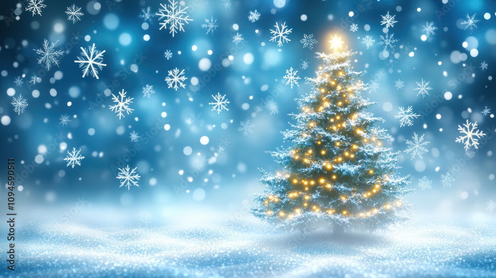 Illuminated Christmas tree with snowflake background Illuminated Christmas tree with snowflake background