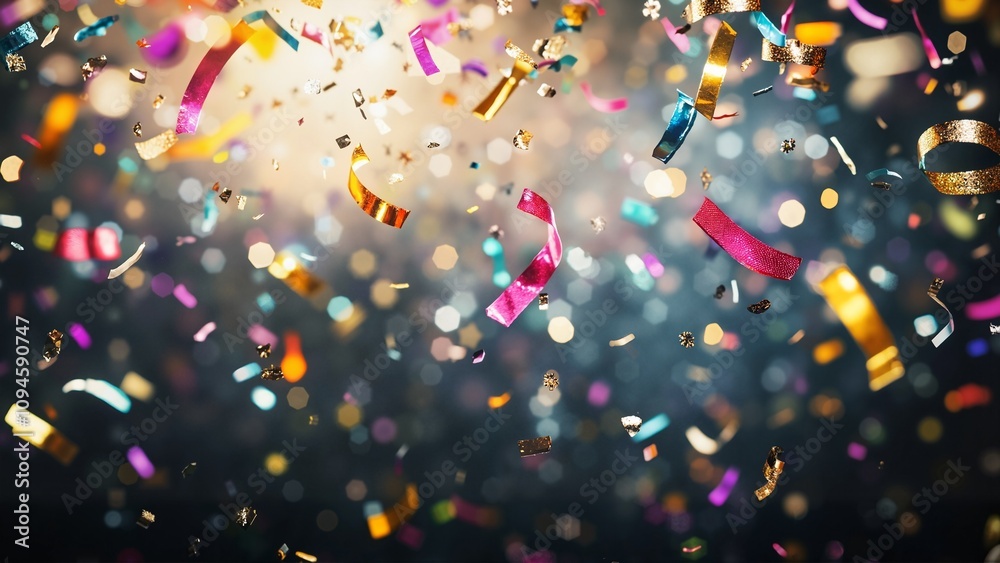 Vibrant Festive Confetti Dancing in Moody Atmospheric Lighting with Bokeh Effect Vibrant Festive Confetti Dancing in Moody Atmospheric Lighting with Bokeh Effect
