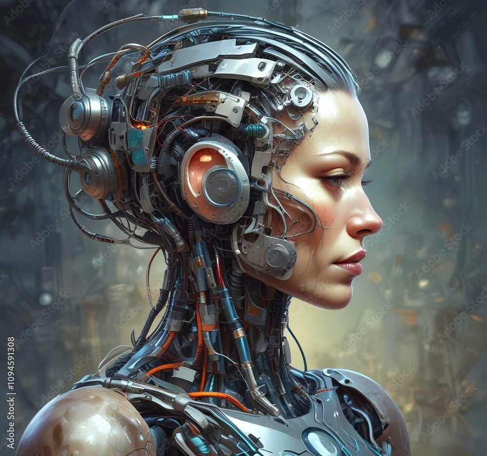 Technology illustration of cyborg with brain connections. Technology illustration of cyborg with brain connections.