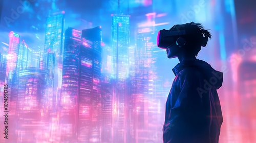 Exploring a Neon Cityscape Through VR. AI Generated