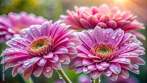 Close-Up of Three Pink Flowers with Water Droplets, Candid Photography, Nature Beauty, Floral Macro, Freshness, Vibrant Colors, Botanical Art, Spring Awakening, Soft Focus, Garden Serenity