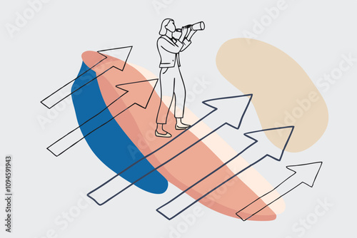 Searching for Growth Opportunity, Vision to Look and See Future, Challenge Ahead or Motivation to Grow Business Concept, Businesswoman on Arrows Look Through Binoculars to Find Business Opportunity
